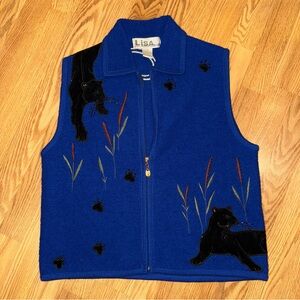 Lisa International Royal Blue Boiled Wool‎ Cardigan Vest w Velvet Black Panthers